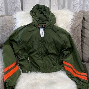 Women’s hodded windbreaker w stripe , dark olive